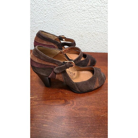 Söfft Women's Suede T-Strap Peep-Toe Heels Brown & Burgundy 3" Heel Size 6 - Picture 2 of 7